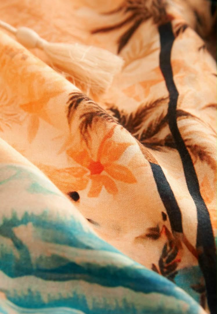 Short Sleeve Tie Neck Bardot Blue Orange Scenic Print