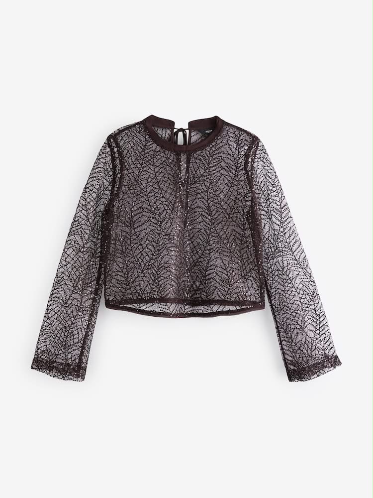 Burgundy Red Long Sleeve Sequin Leaf Blouse