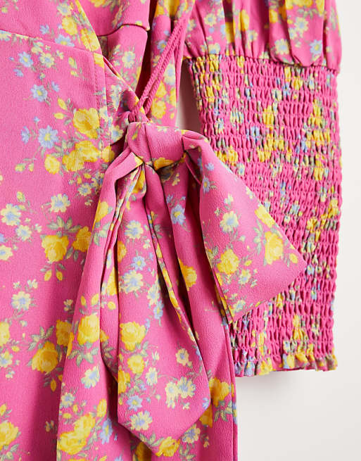 Pink Floral Wrap Midi Dress