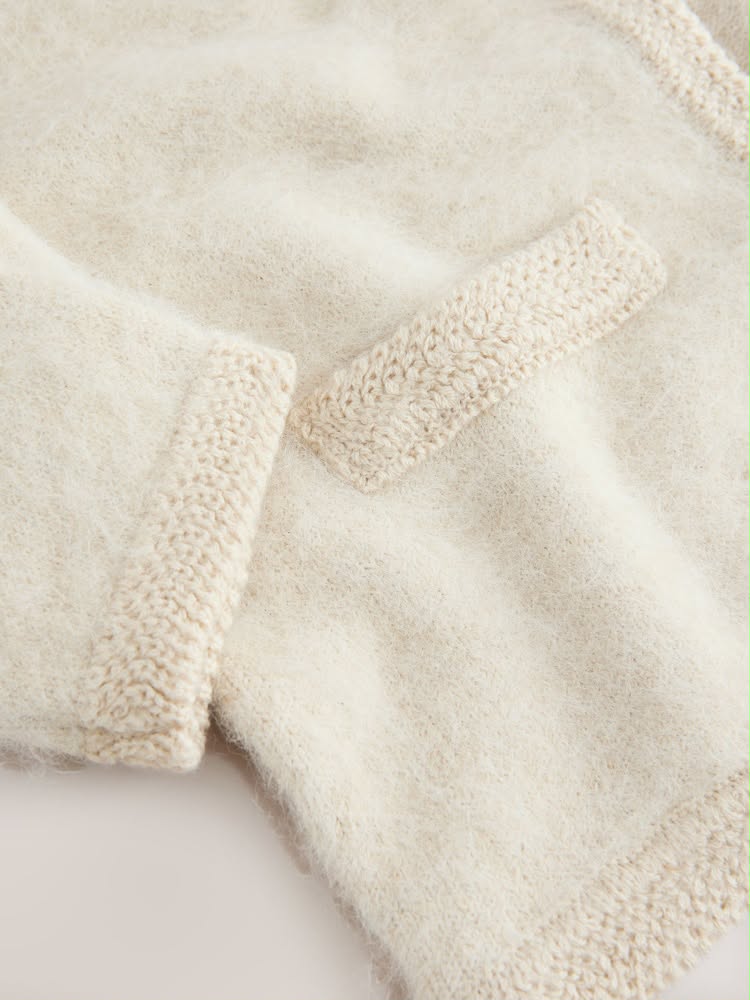 Ecru Embellished Collar Brushed Crew Neck Cardigan