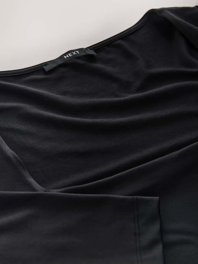 Black Soft Touch Slinky Nylon Square Neck Long-sleeve T-Shirt