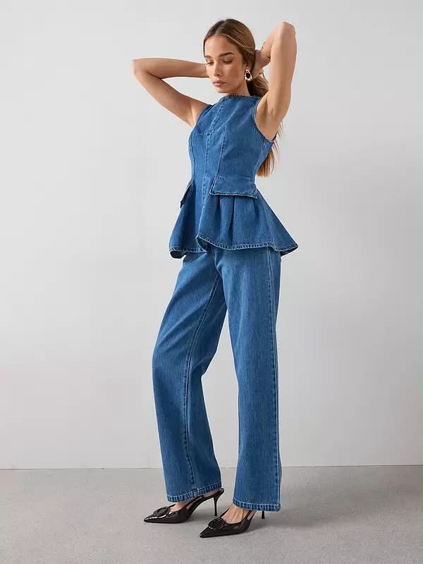 Denim Peplum Co-ord Top Mid Wash