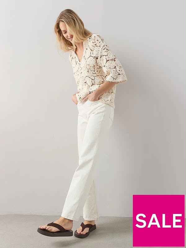 Oversized Crochet V Neck Top-Cream