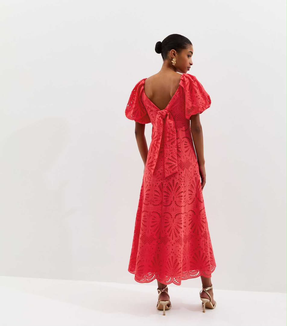 Dark Coral Cutwork Tie Back midi Dress
