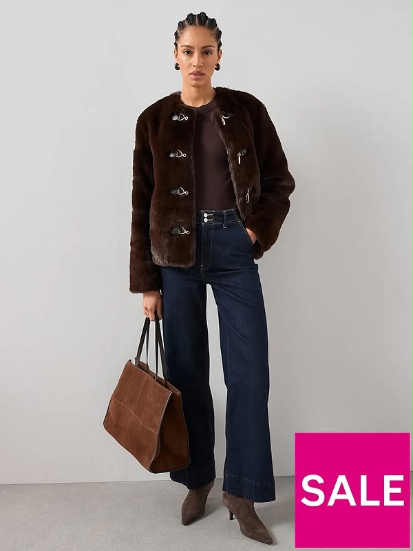Faux Fur Collarless Jacket With Buckle Detail