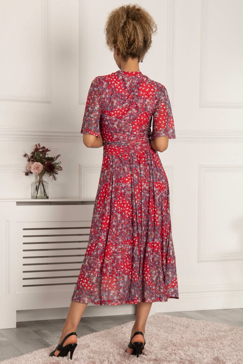 Tina Turtle Neck Mesh Dress Red Floral