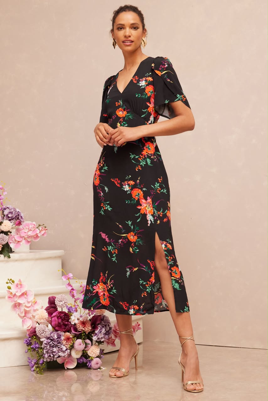 Navy Floral Flutter Sleeve V Neck Tie Black Split Midi Dress