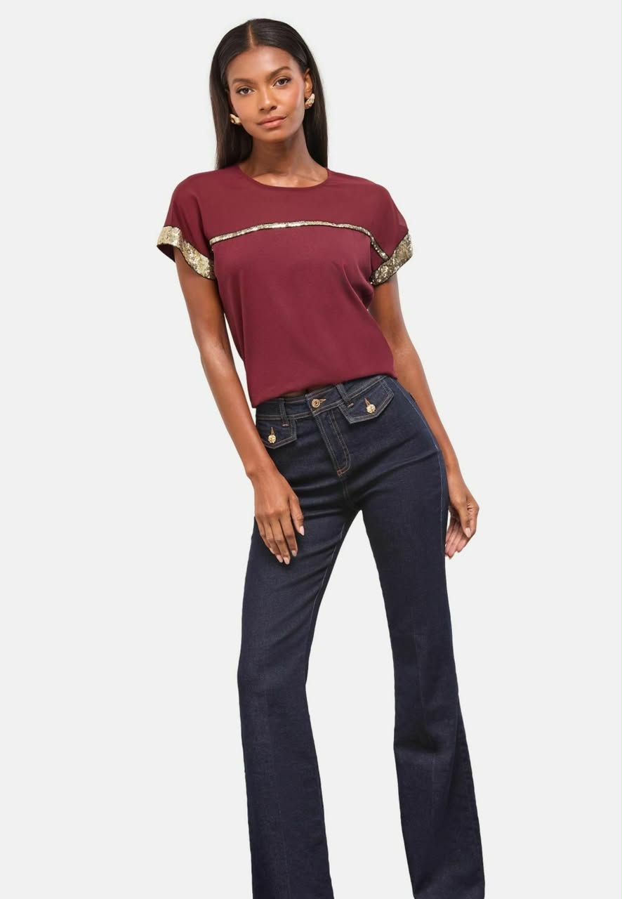 Crew Neck Print T-Shirt Burgundy Mesh Gold Sequin