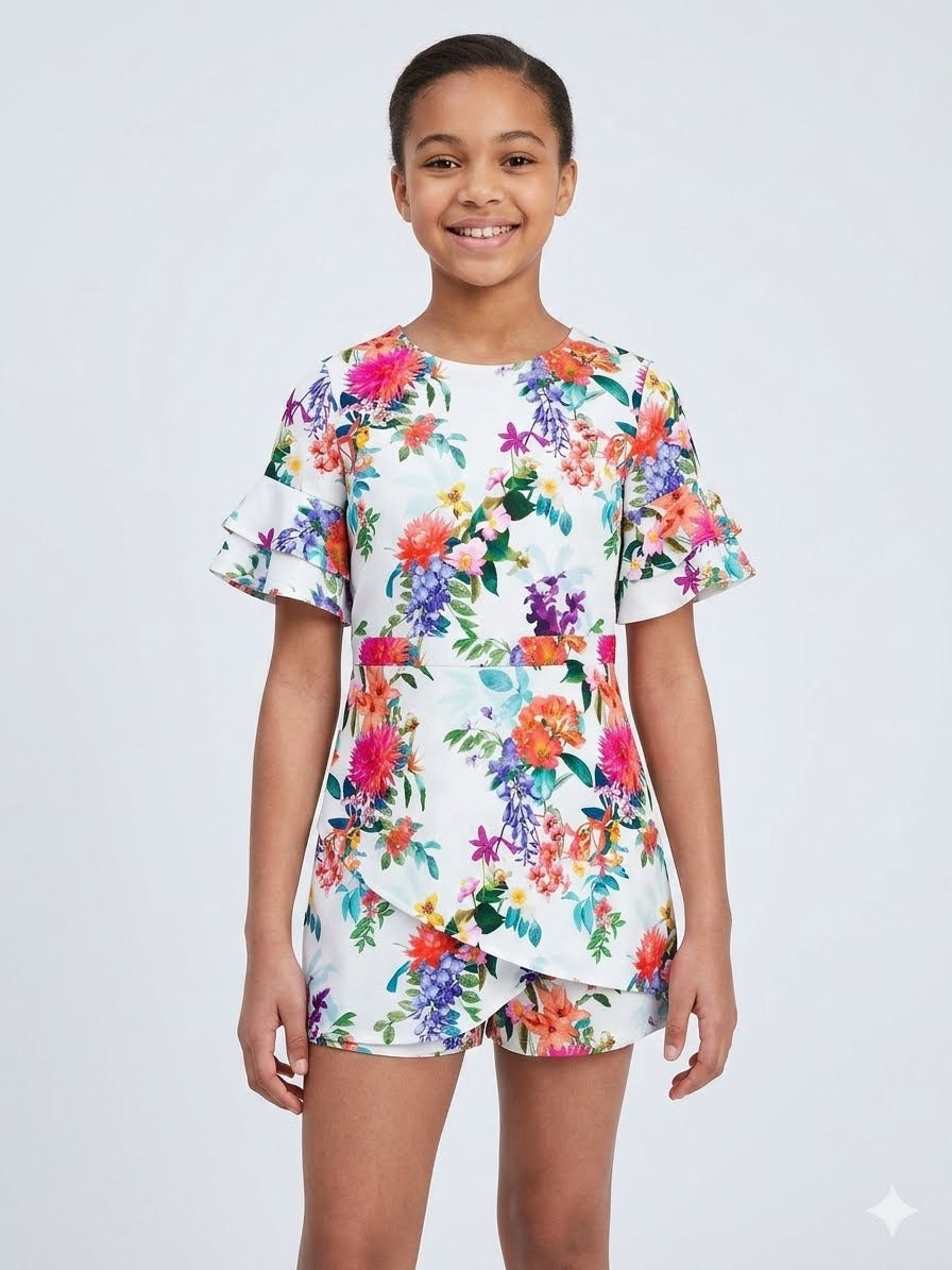 Lipsy Girls Floral Frill Sleeve Mock-Wrap Playsuit