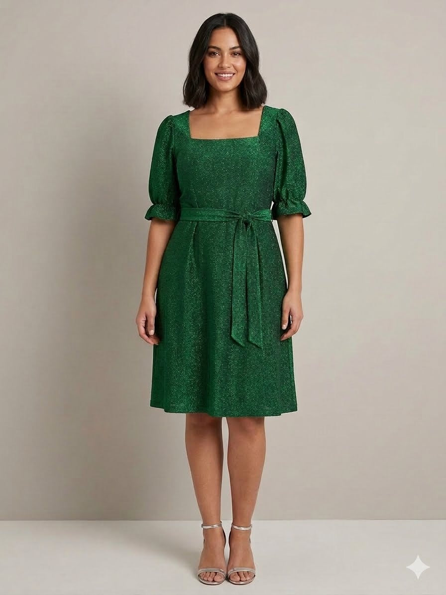 Yours Curve Green Glitter Square Neck Skater Dress