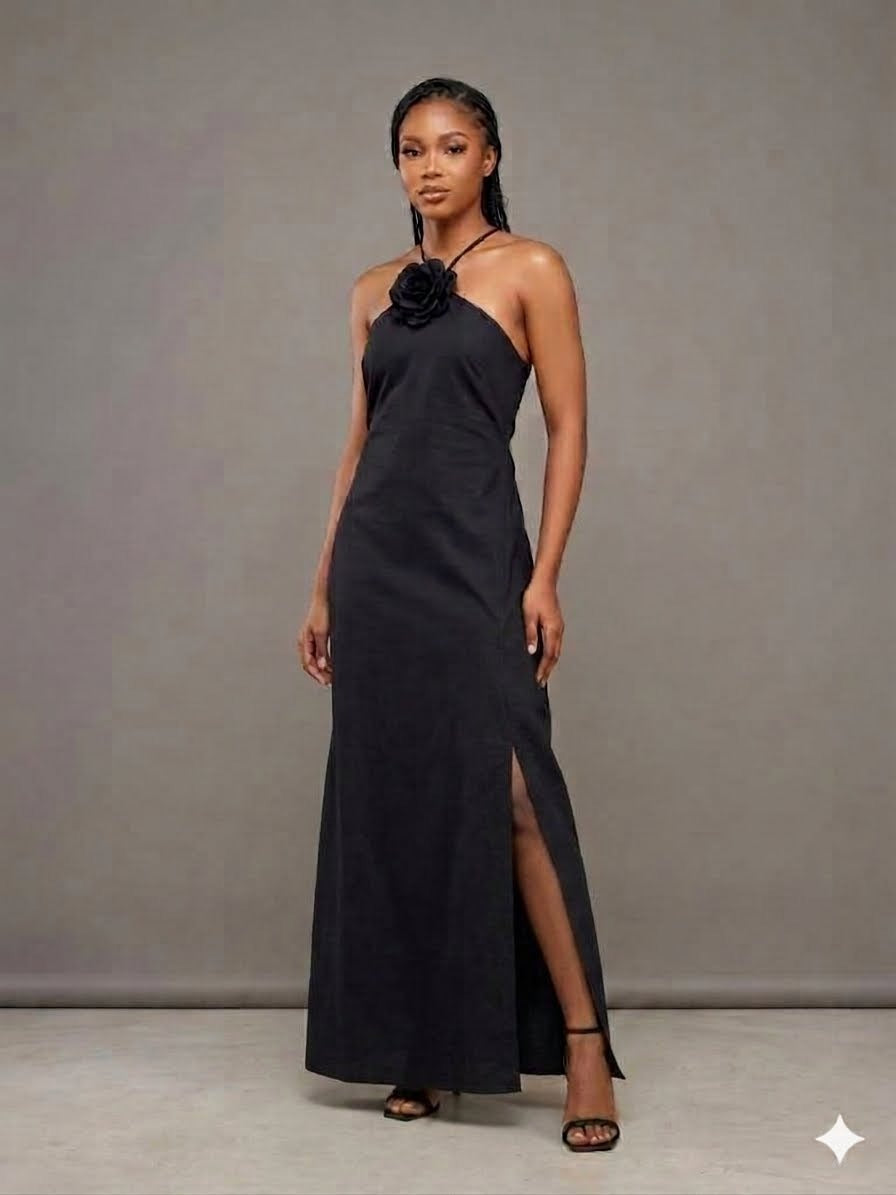 Floral Applique Halter Neck Maxi Dress - Black