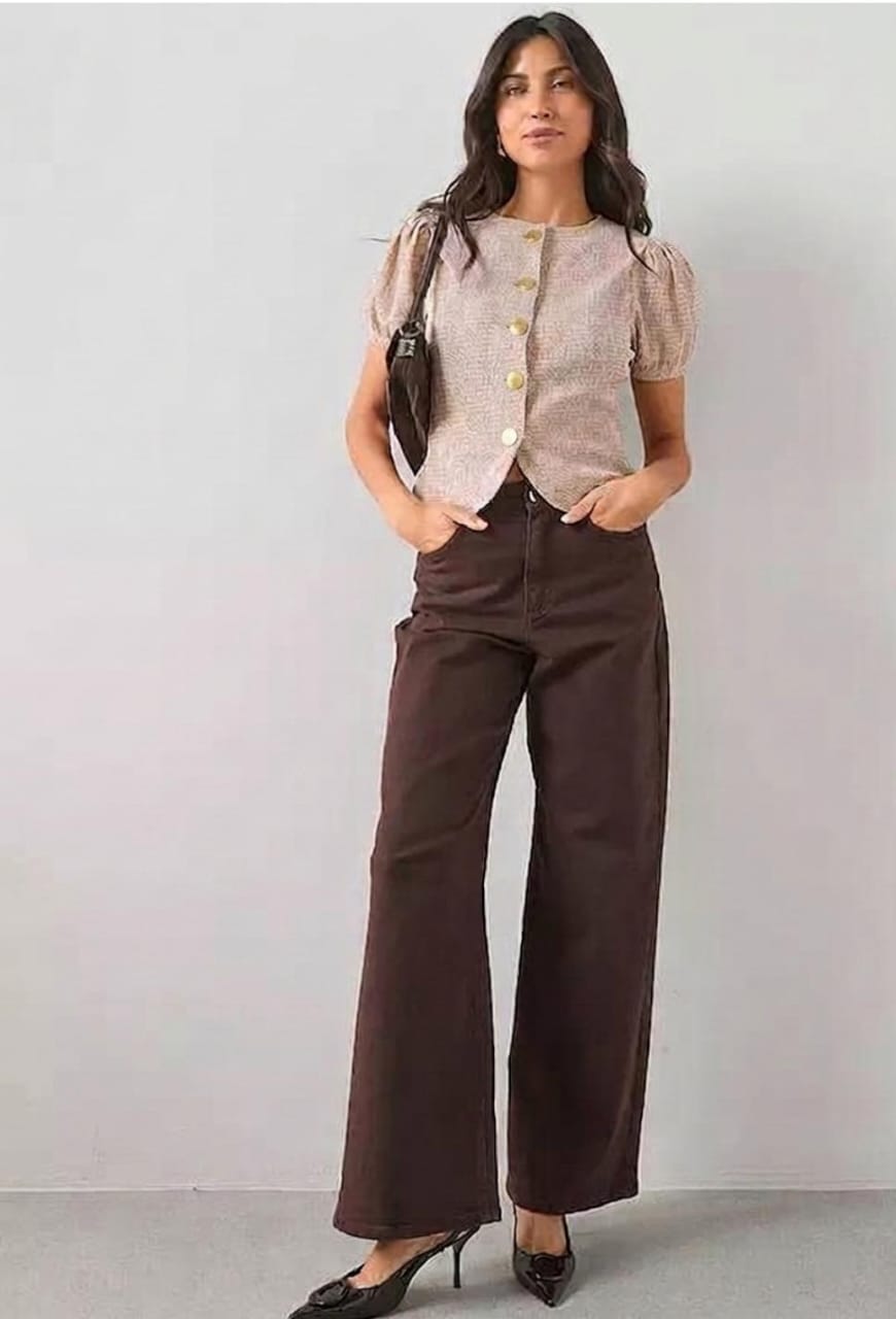 Gingham Puff Sleeve Button Up Top - Brown