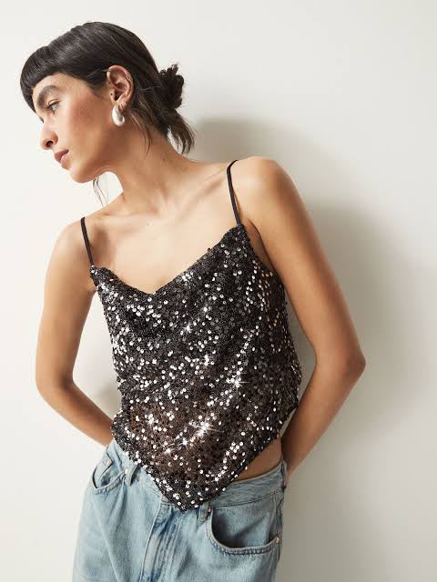 Black Sequin Scarf Cami Top