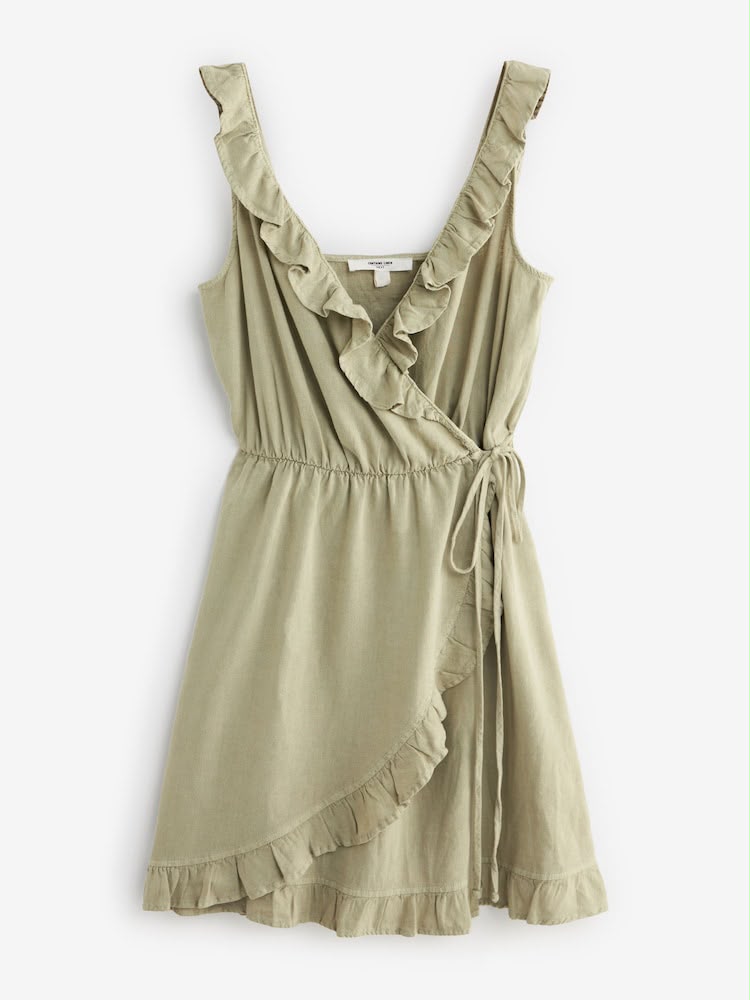 Washed Khaki Green Mini Wrap Summer Dress