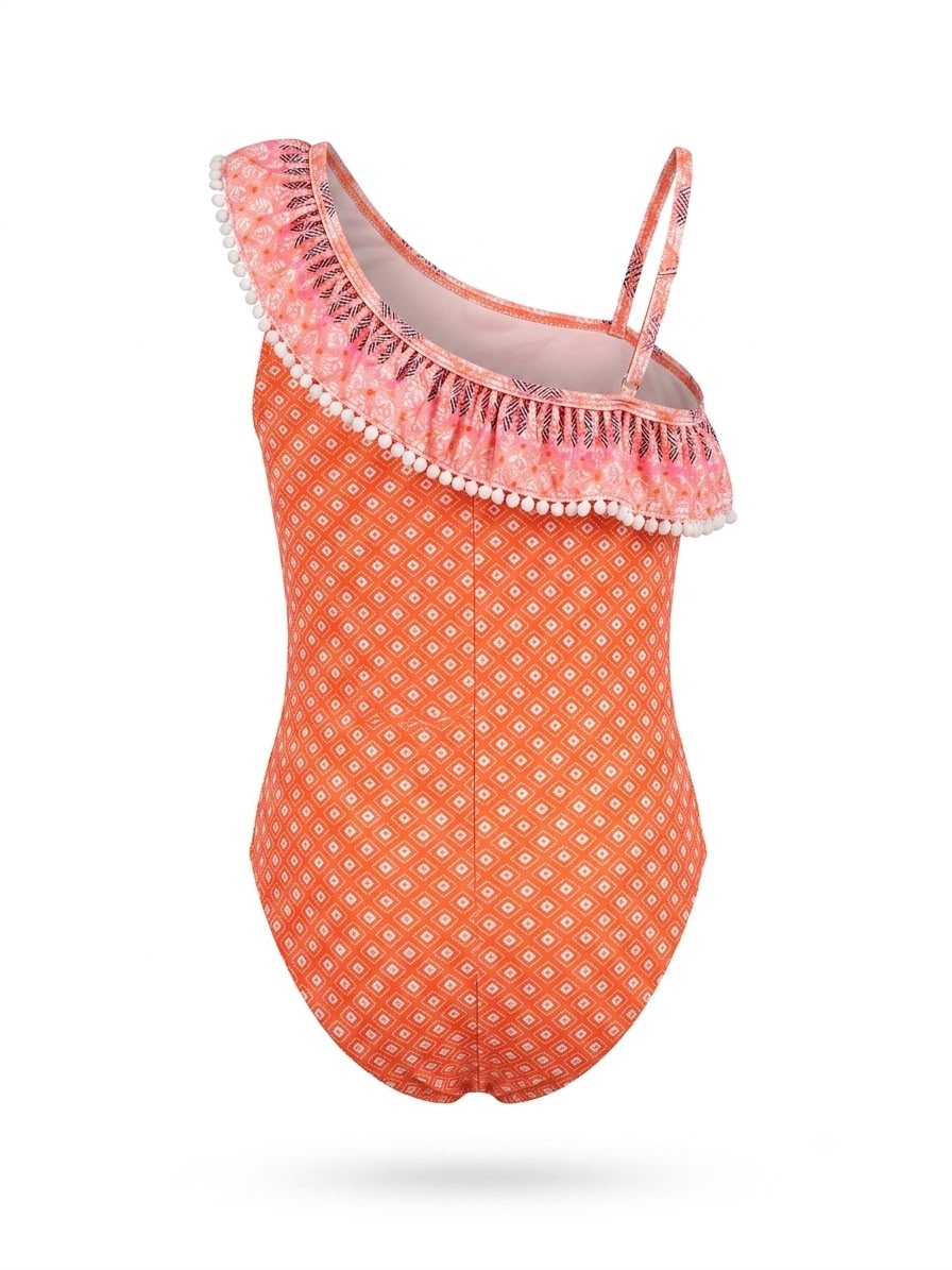 Coral Geometric Ruffle One-Piece Swimsuit