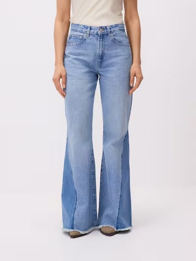 High Rise Two-Tone Panel Flare Jeans