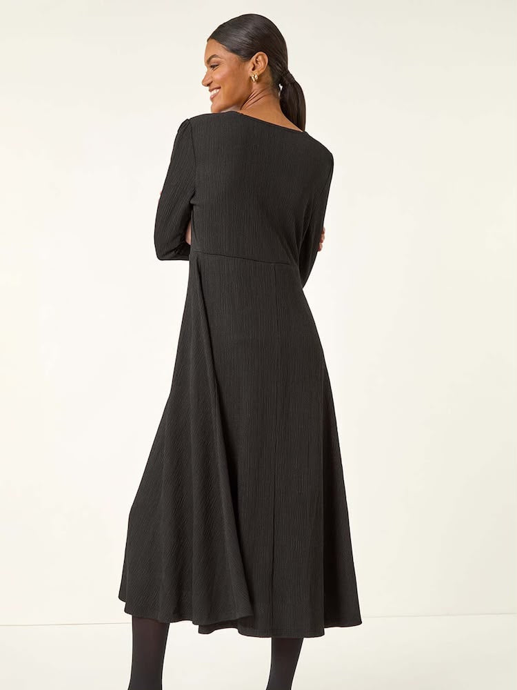 Roman Black Textured Wrap Midi Dress