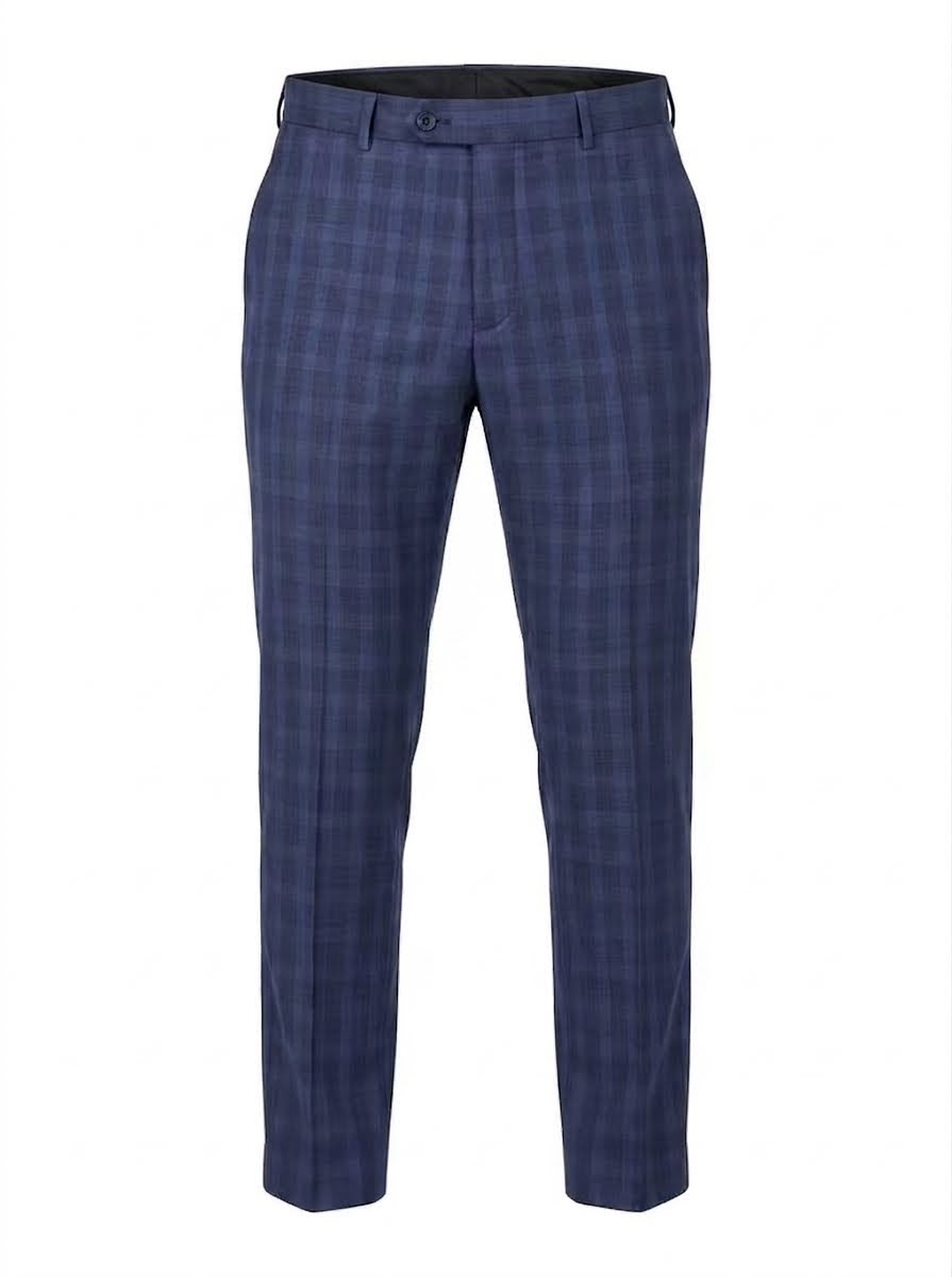 Premium Tailored Plaid Suit Pants - Navy Blue