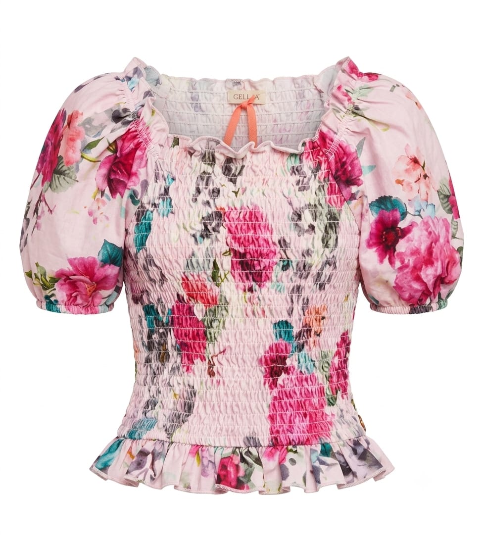Kids Cotton Rich Puff Sleeve Shirred Floral Blouse