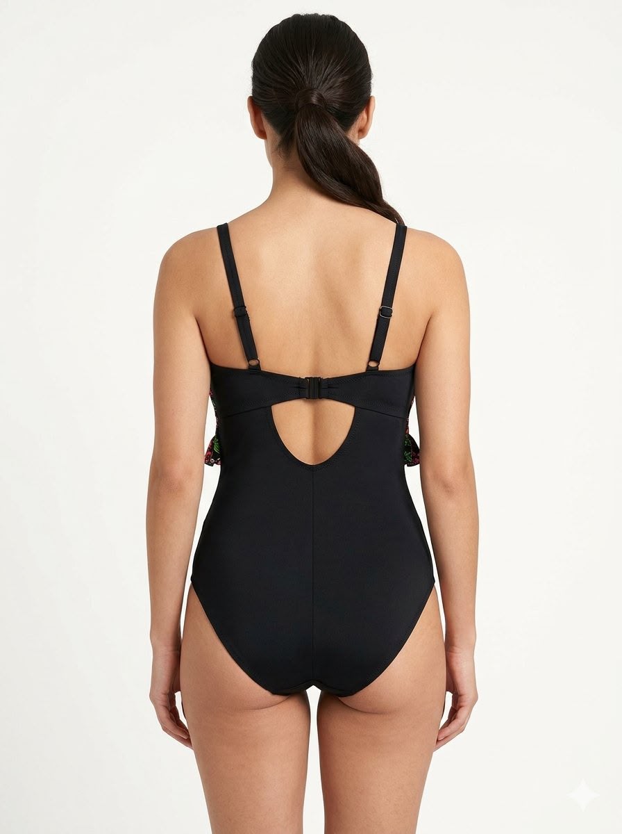 Ruffle Floral Panel Tummy Control Swimsuit Black