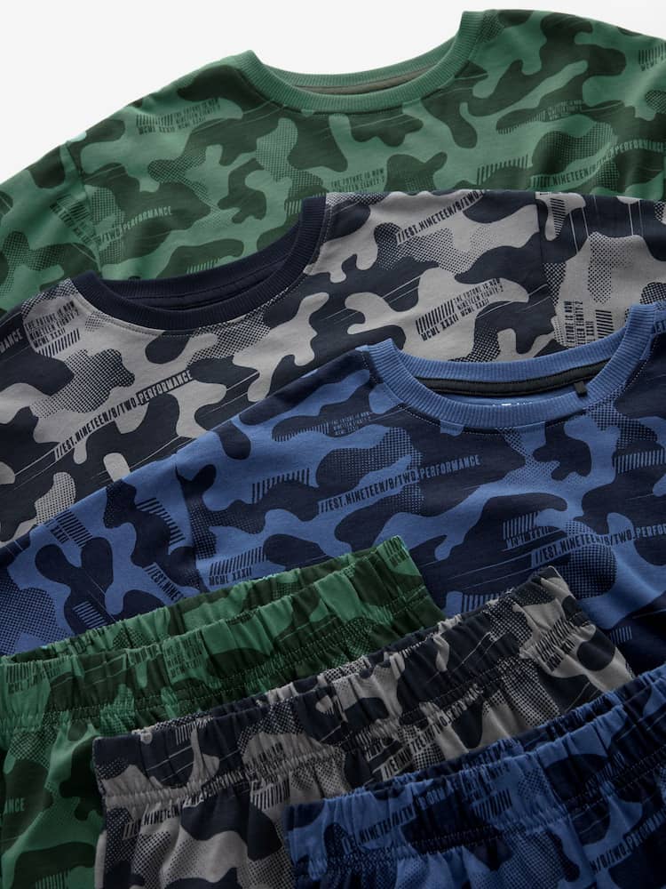 Grey/Blue/Green Camouflage Long Sleeve Pyjamas 3 Packs