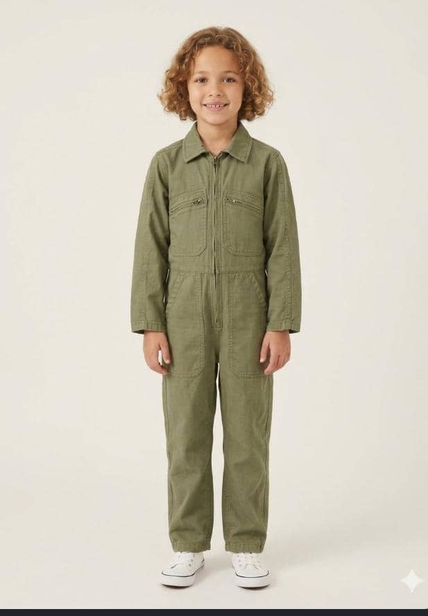 Kids Olive Khaki Twill Boilersuit