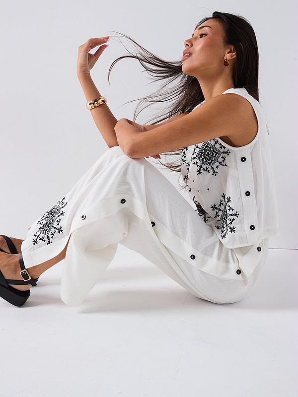 Embroidered Button Down Trouser Co-ord White