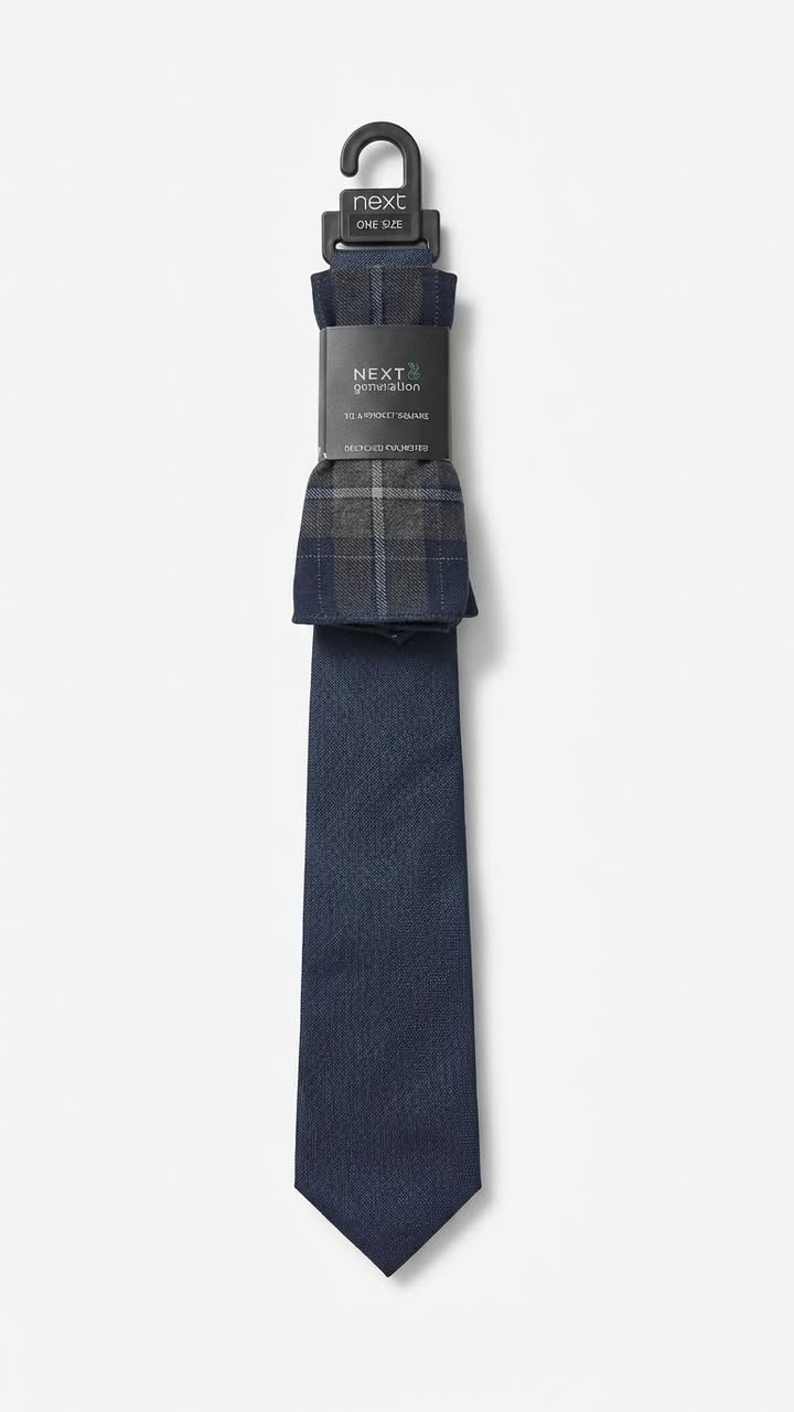 Next Generation Navy Blue Textured Tie and Tartan Plaid Pocket Square Set