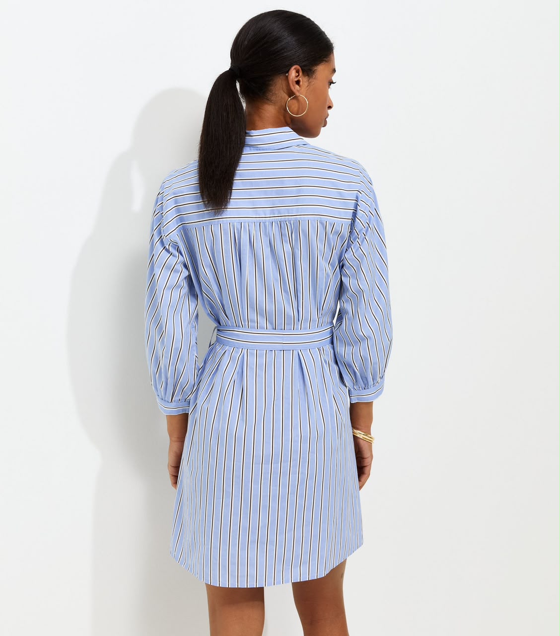 Blue Striped Puff Sleeve Mini Shirt Dress