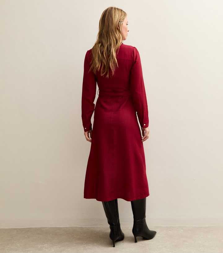 Red Button Up Belted Midi Shirt Dress