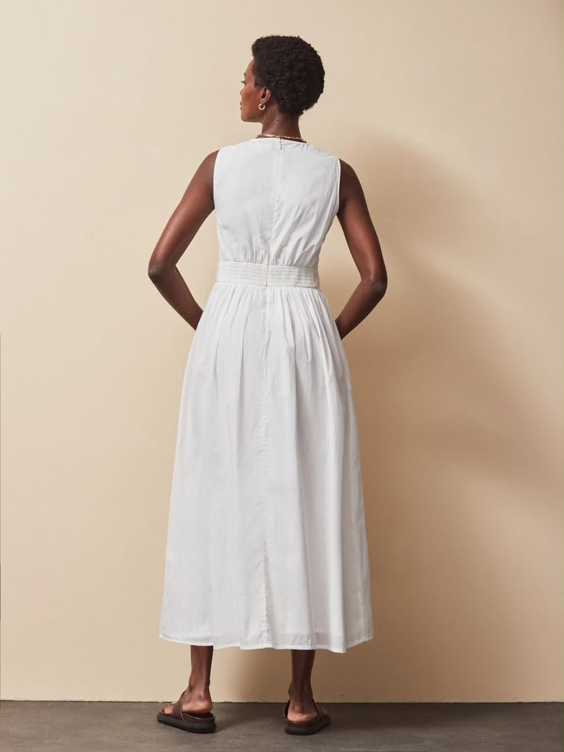 White Cotton Voile Keyhole Front Midi Dress