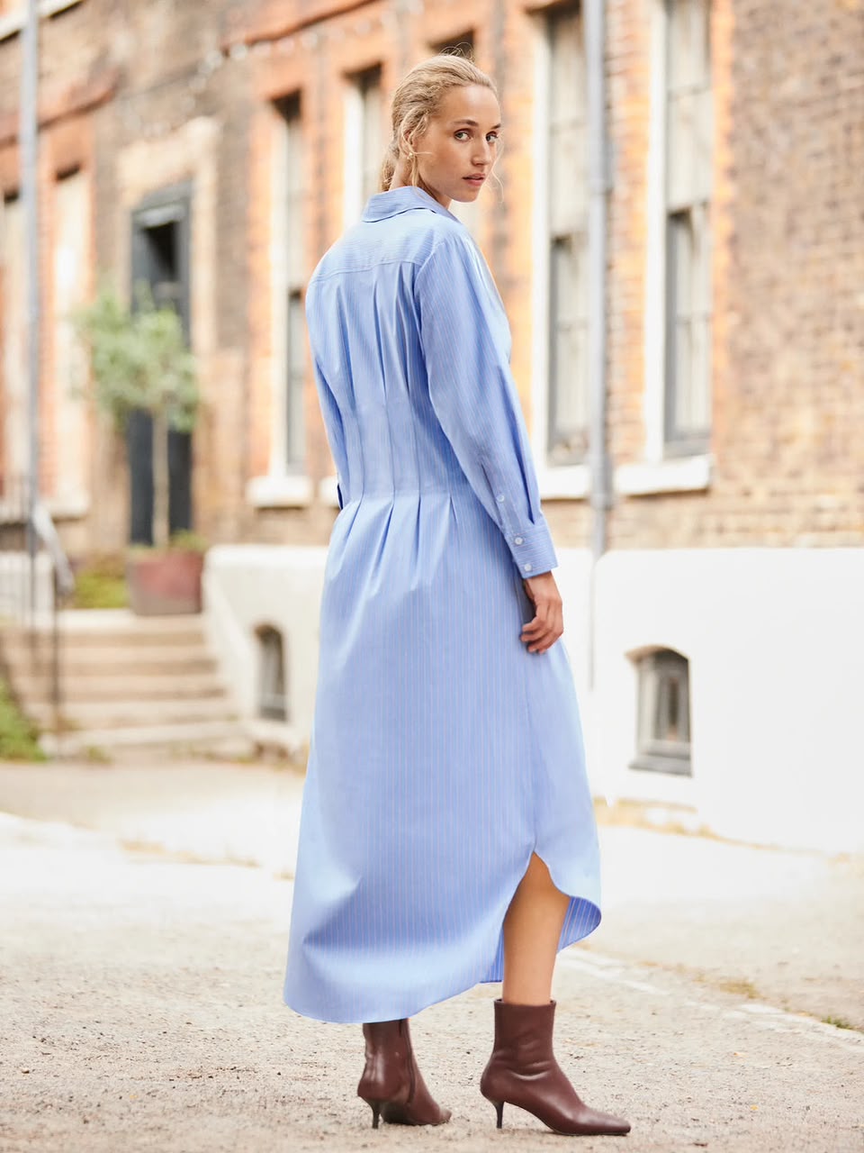 Blue Striped Midi Shirt Dress