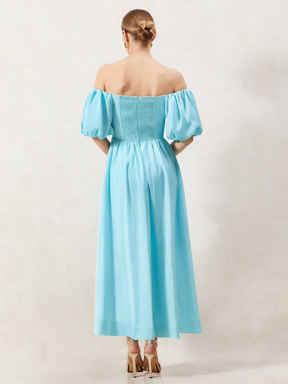 Alba Blue Bardot Puff Sleeve Maxi Dress