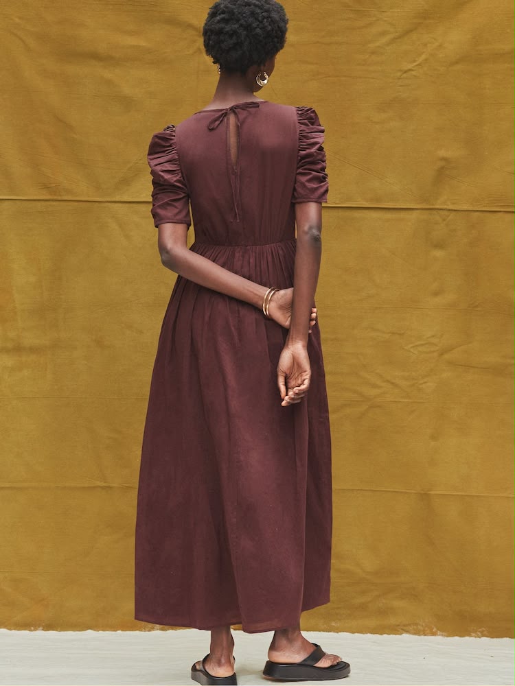 Brown Cotton Puff Sleeve Midi Dress