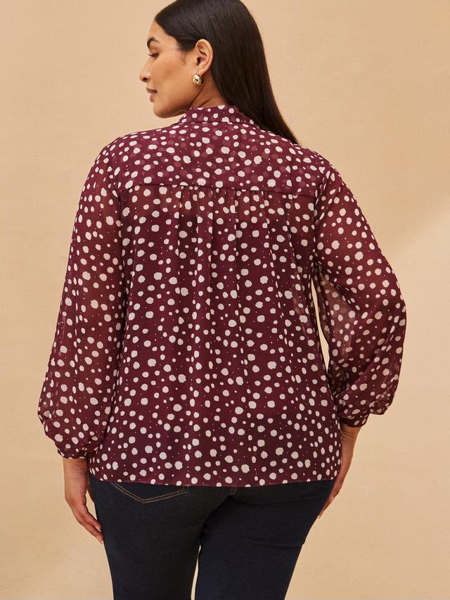 Curve Spot Print Neck Tie Blouse