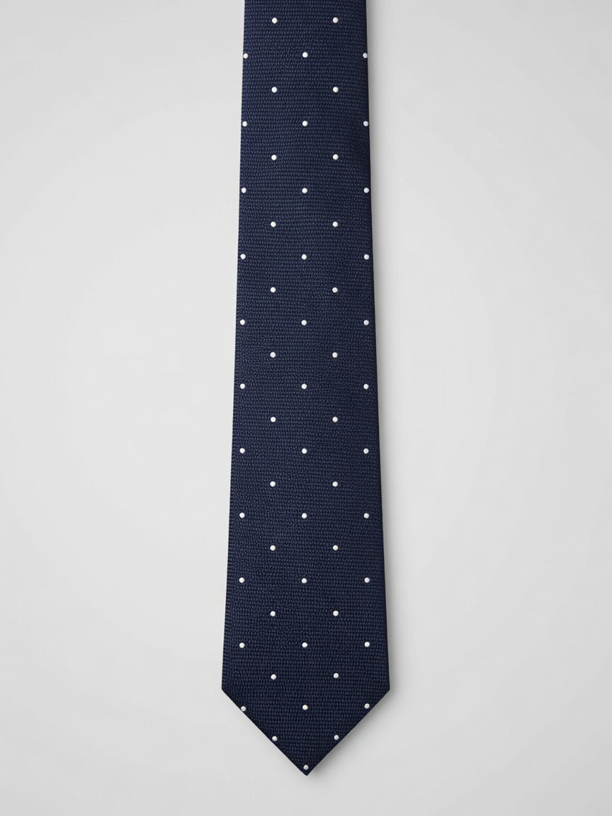 Classic Navy Blue with White Polka Dot Silk Tie