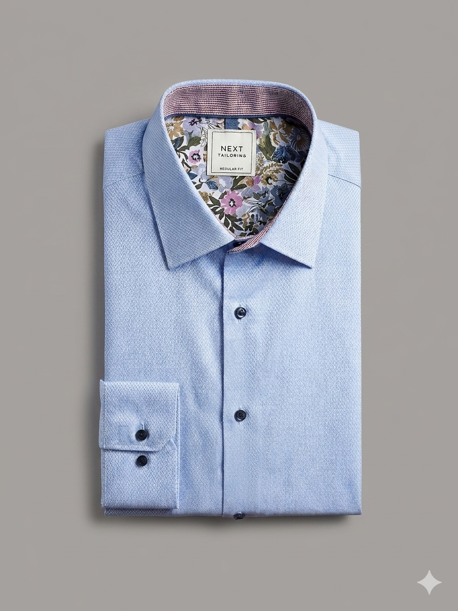 Men's Regular Fit Textured Blue Dress Shirt with Floral Trim