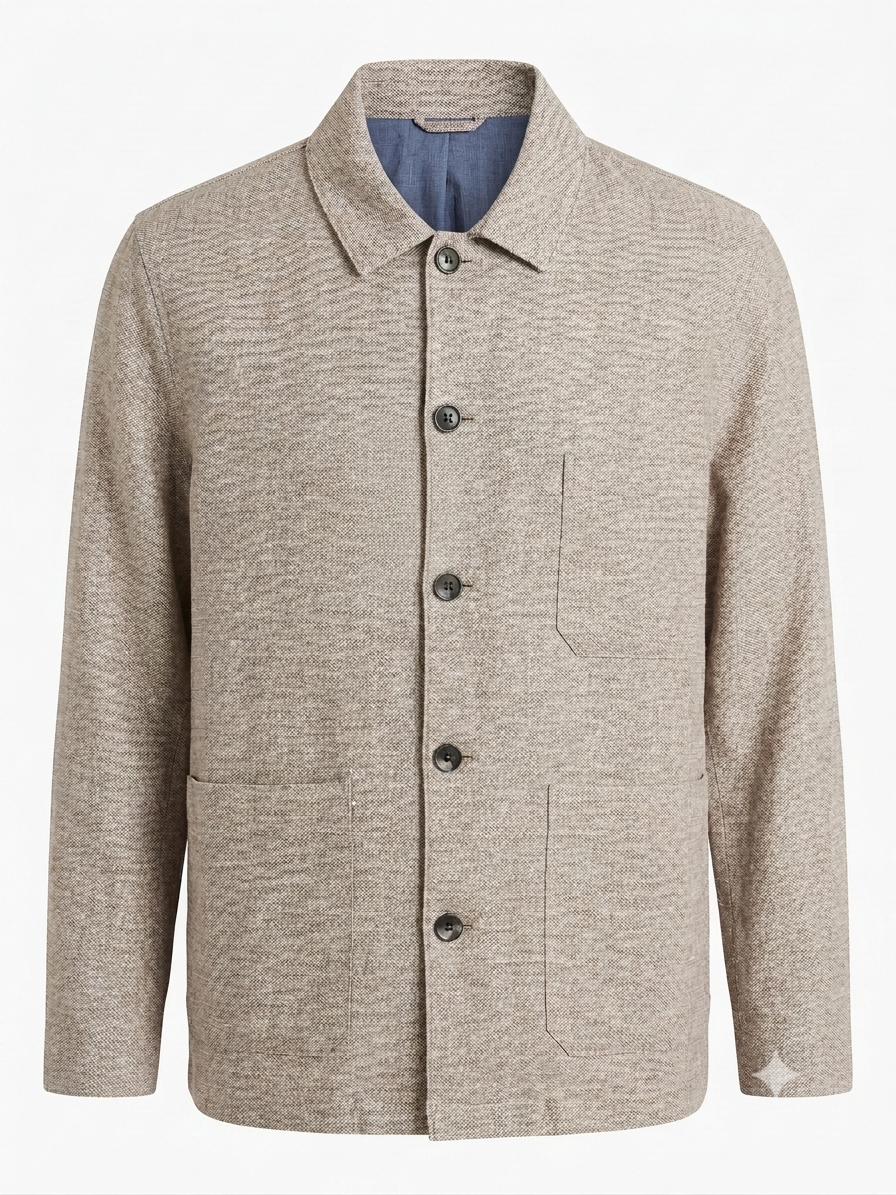 Oatmeal Color Standard Collar Cotton Linen Blend Jacket