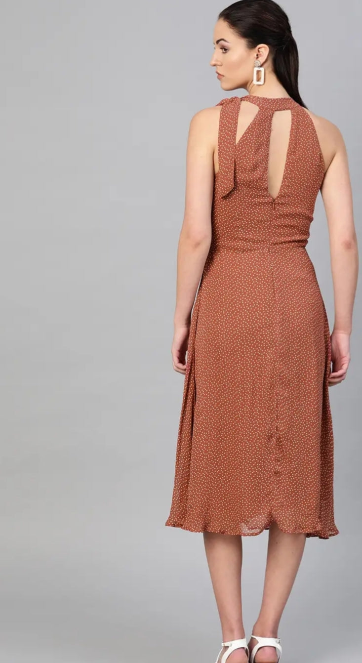Rust Brown & Off White Polka Dots Print Fit and Flare Dress