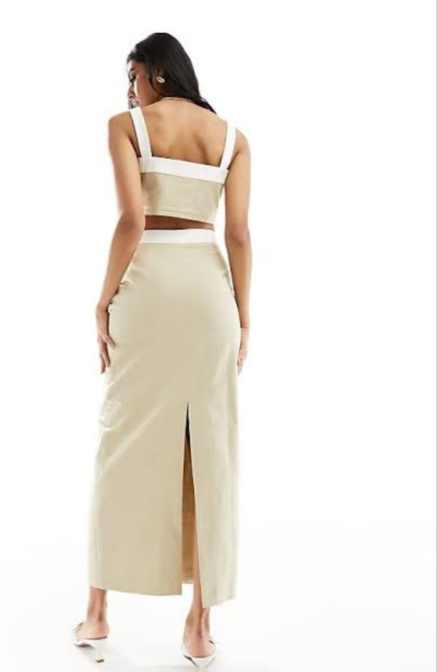 linen contrast maxi skirt in beige