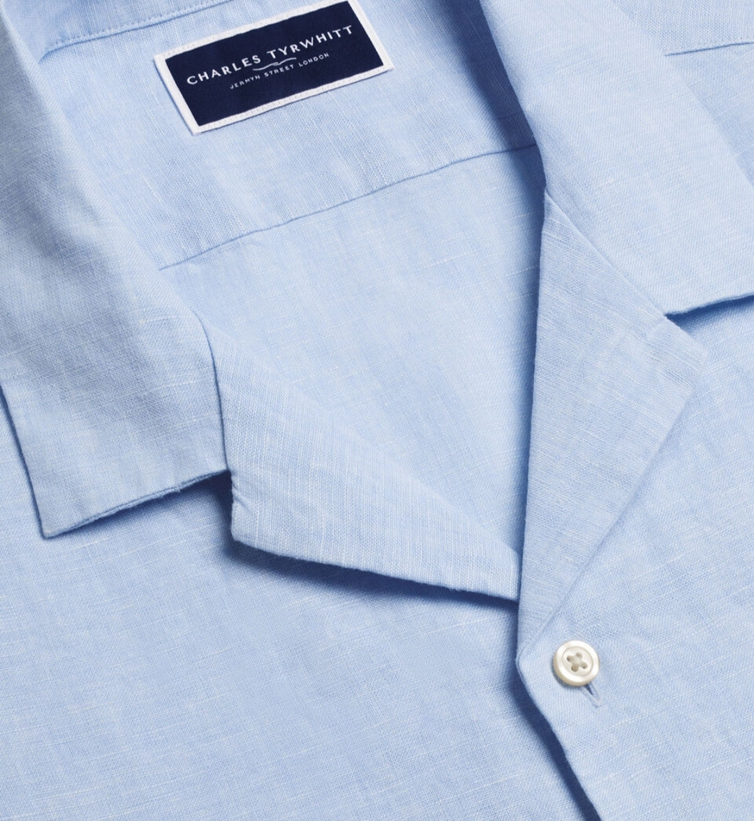 Short Sleeve Revere Pure Linen Slim Shirt - Sky Blue