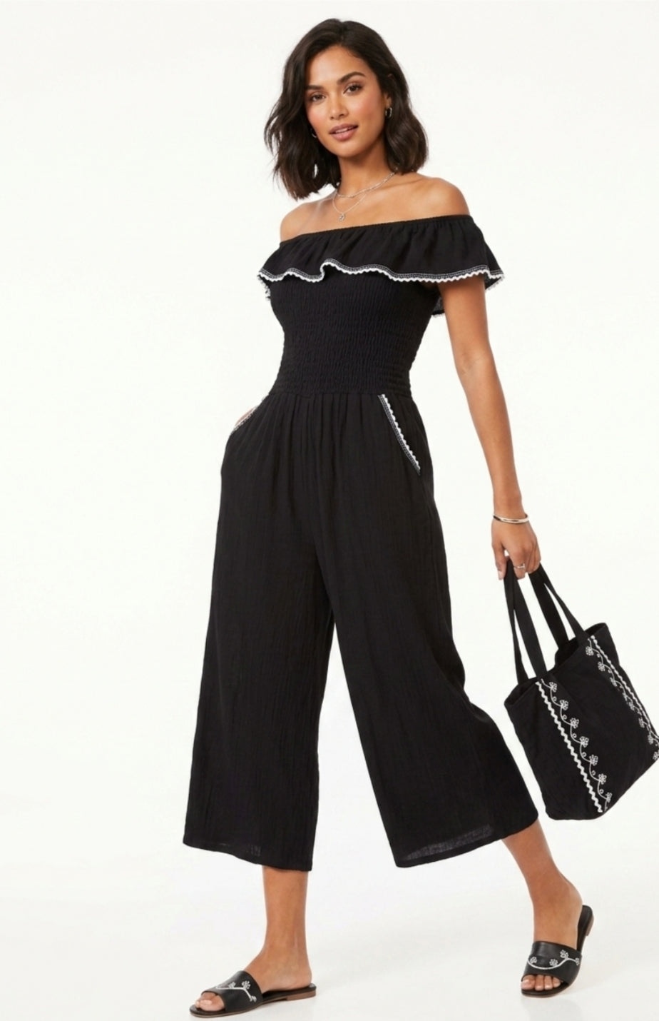 off-the-shoulder smocked wide-leg