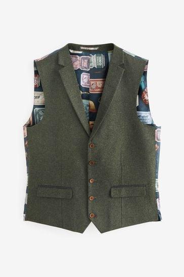 Olive Green Regular Fit Trimmed Donegal Waistcoat
