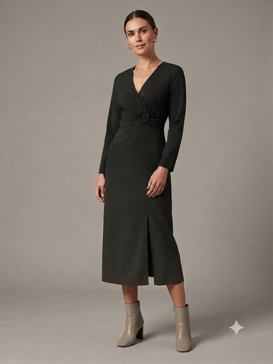Black Crinkle Ring Wrap Dress
