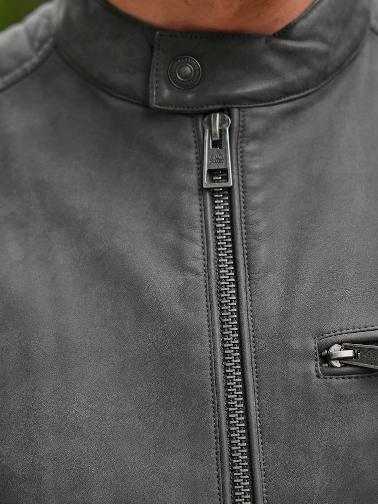 Grey Faux Leather Biker Jacket