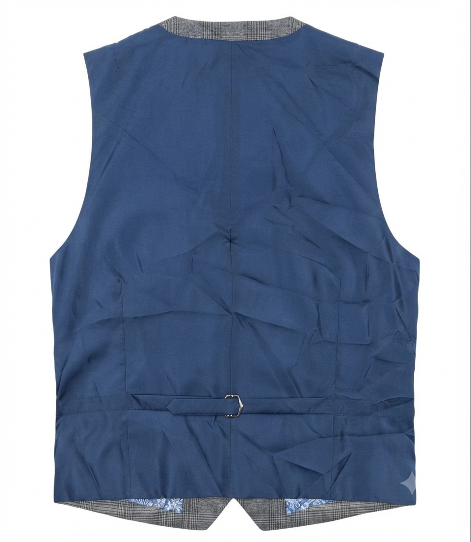 Grey Plaid With Blue Paisley Floral Lining Waistcoat