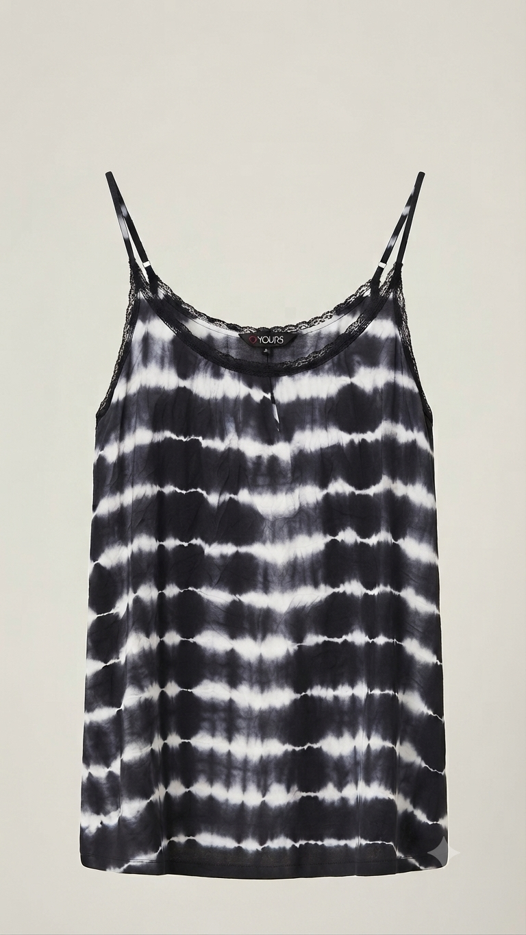 Lace Trim Neck Black and White Tie- Dye Top
