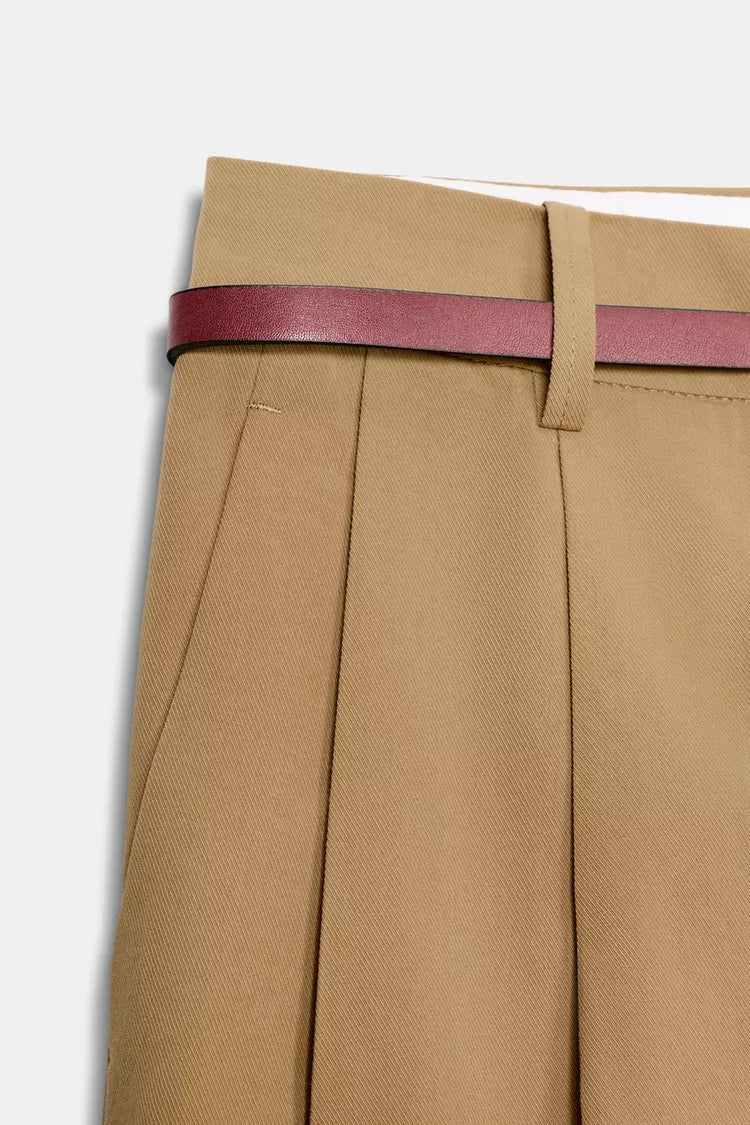 Pleated Trousers with Belt -Tan