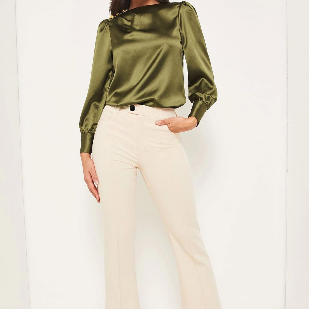Green Satin Gold Button Shoulder Blouse