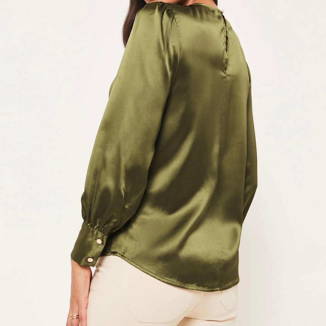 Green Satin Gold Button Shoulder Blouse